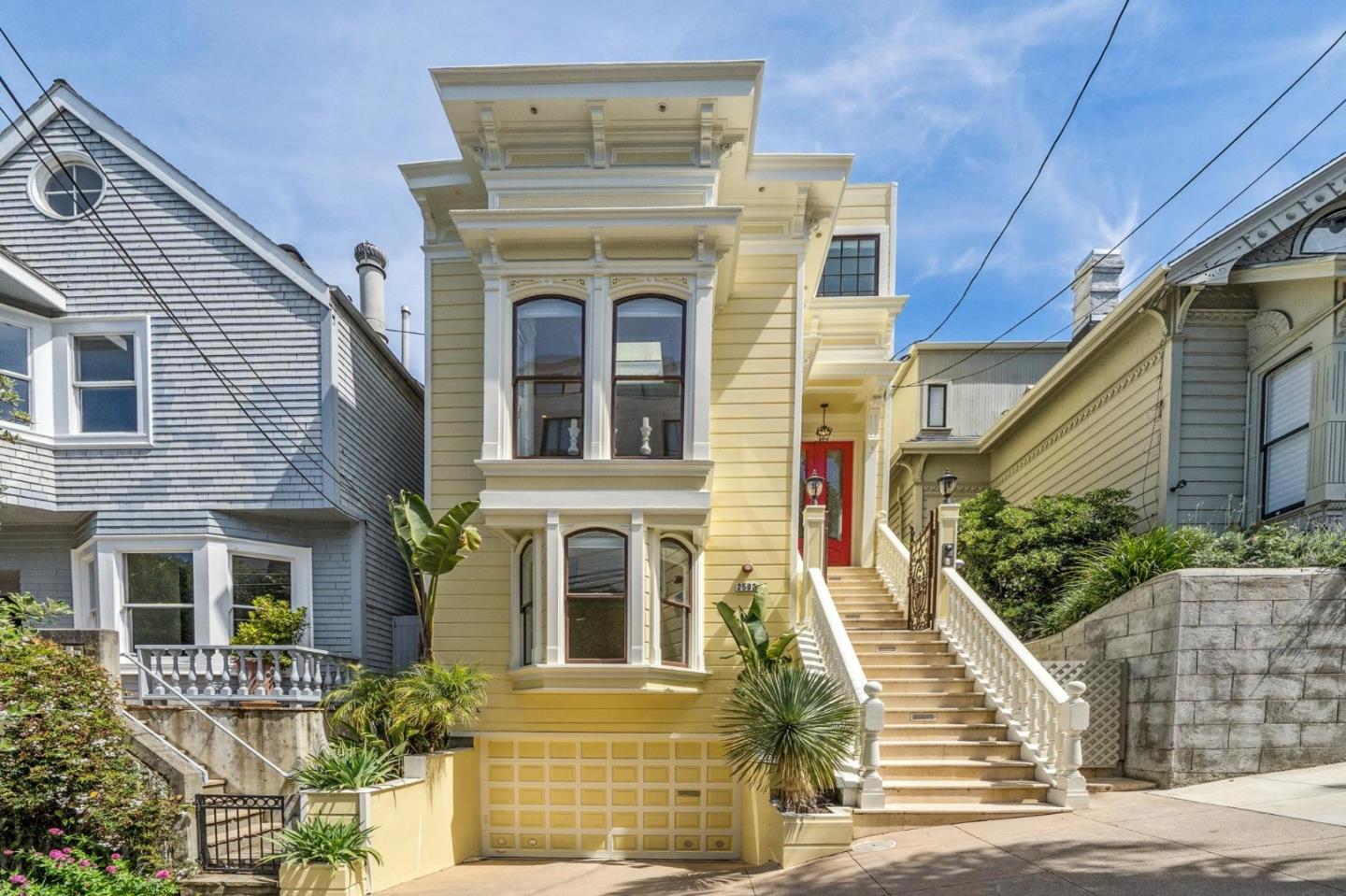 Contact your realtor today to schedule a private showing! Victorian residence with panoramic views of the SF Bay, Alcatraz, City Skyline, & Coit Tower. This 1900 Victorian was meticulously redesigned & rebuilt in 2006 including new foundation, heated balconies, A/C, fire sprinklers, surround sound speakers & quiet elevator that runs from garage to top flr primary suite. Immerse yourself in SF history & luxury in this exquisite Russian Hill residence. Spread over 4 elegant stories, the home offers unparalleled comfort & space with high ceilings & hrdwd flrs. French kitchen boasting high-end appliances & spacious walk-in pantry. Convenient for intimate gatherings in the formal dining rm. Unwind in the private sanctuary of the primary suite which occupies its own flr, featuring a luxurious livng rm, private balcony with breathtaking vistas of the bay, spacious bdrm, bthrm, & additional balcony to soak in the city panorama. 4 additional bdrms including 2nd primary suite, & ideal Au-pair quarters on ground flr with separate entrance & 4 well-appointed bthrms provide ample space. Enjoy walks to the vibrant North Beach restaurants, Aquatic Park & more. Seize opportunity to live in SF history! [2 SOCIAL RMS IN HOME HAS 2 STAGING STYLE PHOTOS 1 IS VIRTUAL, 3 BDRMS ARE VERTUAL STAGING]