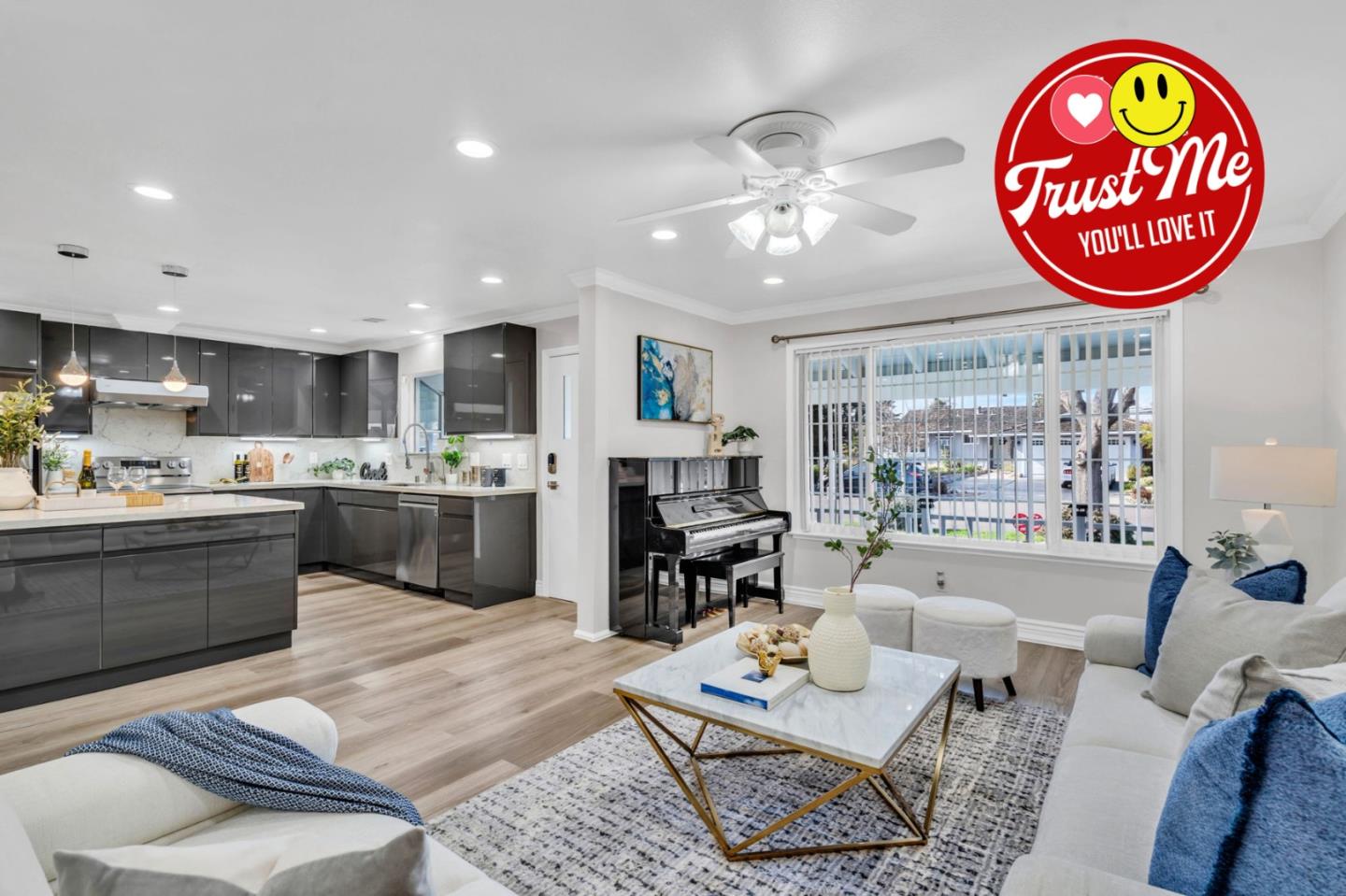 *WOW* A TRUE SHOWSTOPPER YOU DON'T WANT TO MISS. Nestled in a peaceful neighborhood w/ good schools, this gorgeous home showcases charming curb appeal w/ lush lawn, private porch, stylish exterior accent wall and sleek modern garage door. Move-in ready interior features newer paint, crown molding, LED recessed lighting and high-quality LVP flooring. Contemporary kitchen highlights an oversized island w/ pendant lights, glossy soft-close cabinetry, stainless steel appliances, modern Fotile range hood, and R/O water system. Dining area w/ designer chandelier. Inviting family room offers cozy fireplace, wall molding, embassy ceiling and elegant light fixture. Central HVAC w/ Nest thermostat provides year-round comfort. Remodeled bathrooms feature marble-style floor-to-ceiling tile, glass-enclosed showers w/ body jet systems, and smart Pasgo bidet toilets. Well sized bedrooms. Additional garage upgrades: whole-house water filtration, epoxy flooring, LED lighting, cabinets, utility sink, EV charger pre-wire. Low-maintenance backyard offers covered patio, pavers, storage and gardening space. Prime location: near major tech campuses, shopping, markets, and freeway access. THE OWNERS HAVE POURED THEIR HEART INTO THIS EXCEPTIONAL HOME AND IT IS READY TO WELCOME ITS NEXT PROUD OWNER - YOU!